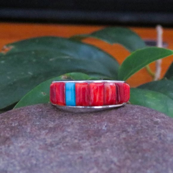 Native American Spiny Oyster Turquoise Inlay Sterling SilverRing 10 3/4